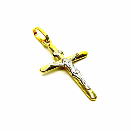 PEGASO GIOIELLI Ciondolo in Oro Giallo e Bianco 18Kt (750) Pendente Croce Smussata con Gesù Cristo, Uomo Donna, Bambini Battesimo