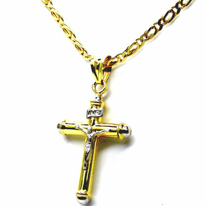 PEGASO GIOIELLI Collana da Uomo in Oro Giallo 18kt, Catena Catenina Pernice 50 cm, Pendente Croce Cristo a Cappucci Bicolore