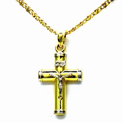 PEGASO GIOIELLI Collana da Uomo in Oro Giallo 18kt Catena Catenina Tigre cm 50 Pendente Religioso Croce Cristo Bicolore