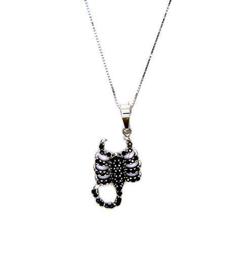 PEGASO GIOIELLI Collana da Donna in Oro Bianco 18kt (750) Catenina Veneta Pendente Scorpione con Zirconi Neri