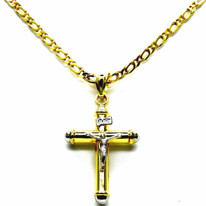 PEGASO GIOIELLI Collana da Uomo in Oro Giallo 18kt, Catena Catenina Pernice 50 cm, Pendente Croce Cristo a Cappucci Bicolore