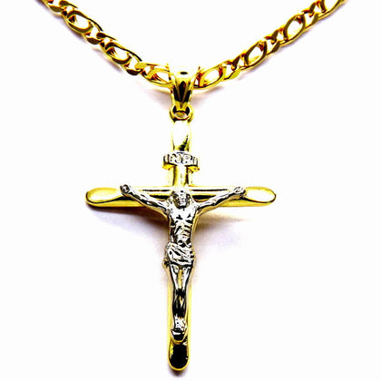 PEGASO GIOIELLI Collana da Uomo in Oro Giallo 18kt (750) Catena Pernice Cm 50 Pendente Religioso Croce Cristo Smussata Bicolore