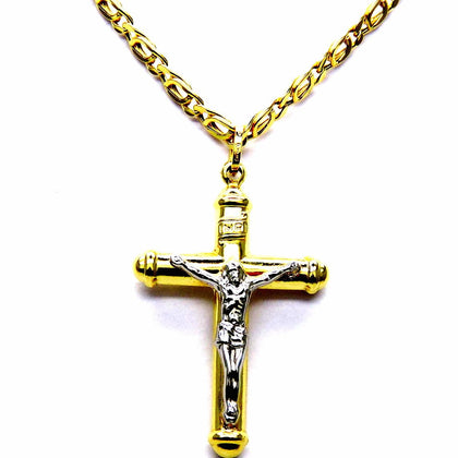 PEGASO GIOIELLI Collana da Uomo in Oro Giallo 18kt (750) Catena Pernice Cm 50 Pendente Religioso Croce Cristo con Cappucci Due Ori