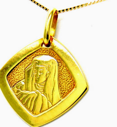 PEGASO GIOIELLI Collana da Donna in Oro Giallo 18kt (750) Catenina Veneta Pendente Religioso Medaglia Madonna a Rombo