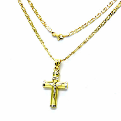 PEGASO GIOIELLI Collana da Uomo in Oro Giallo 18kt Catena Catenina Pernice cm 50 Pendente Religioso Croce Cristo Bicolore