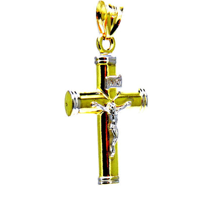 PEGASO GIOIELLI Ciondolo da Uomo in Oro Giallo e Bianco 18Kt (750) Pendente Religioso Croce Bicolore con Gesù Cristo