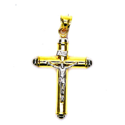 PEGASO GIOIELLI - Ciondolo da Uomo in Oro Giallo e Bianco 18kt (750) Pendente Religioso Croce con Cristo Cappucci Bicolore