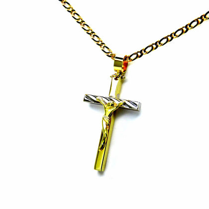 PEGASO GIOIELLI Collana da Uomo in Oro Giallo 18kt Catena Catenina Pernice cm 50 Pendente Religioso Croce Cristo Lucido Bicolore Due Ori
