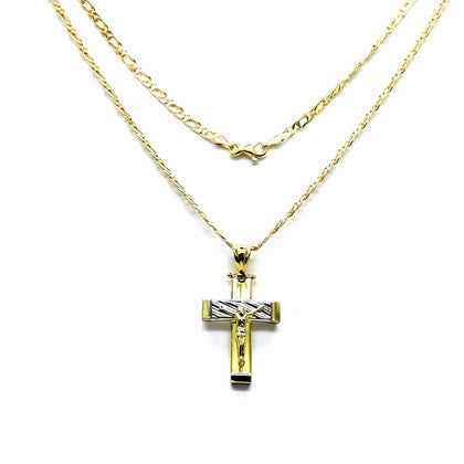 PEGASO GIOIELLI Collana da Uomo in Oro Giallo 18kt Catena Catenina Pernice cm 50 Pendente Croce con Cristo Lucido Bicolore
