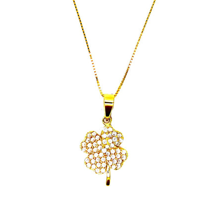 PEGASO GIOIELLI Collana da Donna in Oro Giallo 18kt (750) Catenina Veneta Pendente Fiore Quadrifoglio con Zirconi Portafortuna