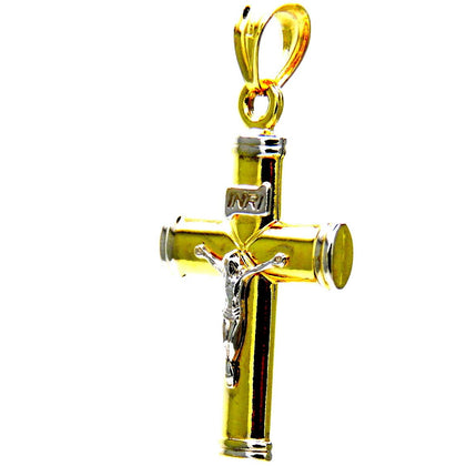 PEGASO GIOIELLI Ciondolo da Uomo in Oro Giallo e Bianco 18Kt (750) Pendente Religioso Croce Bicolore con Gesù Cristo