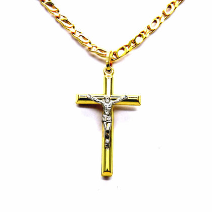 PEGASO GIOIELLI Collana da Uomo in Oro Giallo 18kt (750) Catena Pernice Cm 50 Pendente Religioso Croce Cristo Bicolore