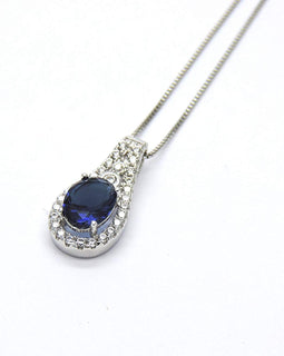 Collana Donna Argento 925 Rodiata Sterling Pendente Classico a Goccia con Zirconi Bianchi e Blu