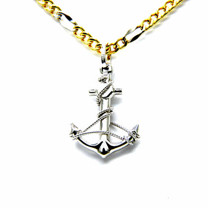 PEGASO GIOIELLI Collana da Uomo in Oro Bianco e Giallo 18kt Catena Figaro Bicolore cm 50 Pendente Ancora Filo Corda Bianco