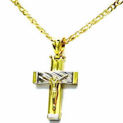 PEGASO GIOIELLI Collana da Uomo in Oro Giallo 18kt Catena Catenina Pernice cm 50 Pendente Croce con Cristo Lucido Bicolore