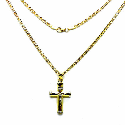 PEGASO GIOIELLI Collana da Uomo in Oro Giallo 18kt Catena Catenina Tigre cm 50 Pendente Religioso Croce Cristo Bicolore