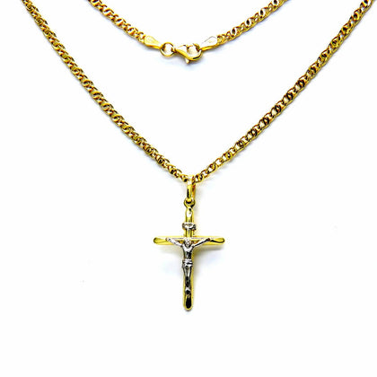 PEGASO GIOIELLI Collana da Uomo in Oro Giallo 18kt (750) Catena Tigre Cm 50 Pendente Bicolore Croce Gesù Cristo Smussata