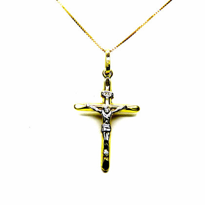 PEGASO GIOIELLI Collana da Donna in Oro Giallo 18kt (750), Catenina Veneta, Croce con Cristo Smussata Bicolore, per Battesimo Bambini