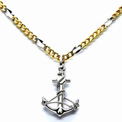 PEGASO GIOIELLI Collana da Uomo in Oro Bianco e Giallo 18kt Catena Figaro Bicolore cm 50 Pendente Ancora Filo Corda Bianco