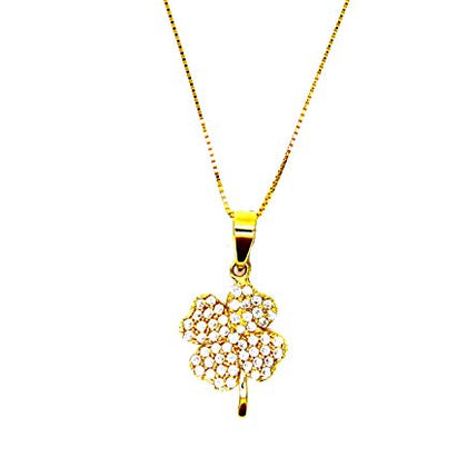 Collana da Donna in Oro Giallo 18kt (750) Catenina Veneta Pendente Fiore Quadrifoglio con Zirconi Portafortuna