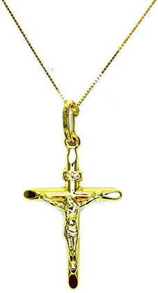 PEGASO GIOIELLI - Collana Oro Giallo 18kt (750) Catenina Veneta Croce con Cristo Smussata Donna Ragazza Bambini