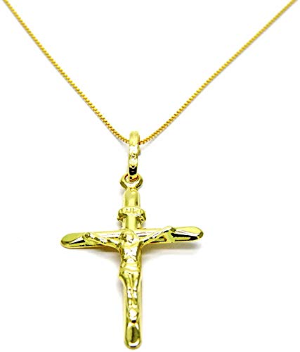 PEGASO GIOIELLI - Collana Oro Giallo 18kt (750) Catenina Veneta Croce con Cristo Smussata Donna Ragazza Bambini