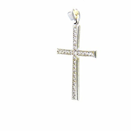 PEGASO GIOIELLI - Ciondolo Oro Bianco 18kt (750) Pendente Croce Classica con Zirconi Donna Ragazza