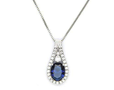 Collana Donna Argento 925 Rodiata Sterling Pendente Classico a Goccia con Zirconi Bianchi e Blu