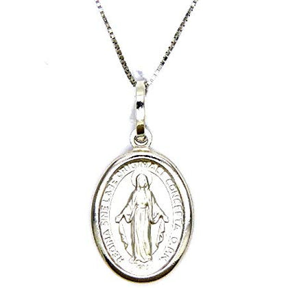 PEGASO GIOIELLI Collana da Donna in Oro Bianco 18kt (750) Catenina Veneta Pendente Religioso Madonna di Lourdes Miracolosa