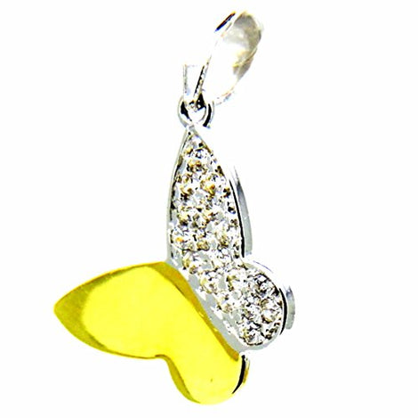 Ciondolo Oro Giallo Bianco 18kt (750) Pendente Farfalla Farfallina Lucida e Zirconi Bicolore Donna Ragazza Bambina