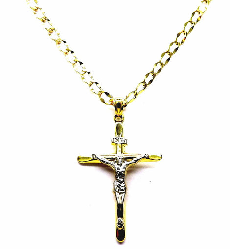 PEGASO GIOIELLI Collana da Uomo in Oro Giallo 18kt (750) Catena Cm 50 Pendente Bicolore Religioso Croce Cristo Smussata