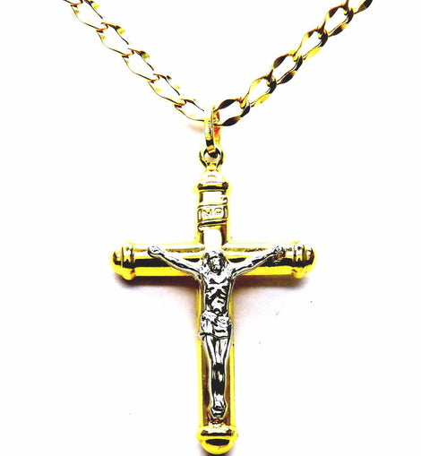 PEGASO GIOIELLI Collana da Uomo in Oro Giallo 18kt (750) Catena Cm 50 Pendente Bicolore Croce Cristo con Cappucci