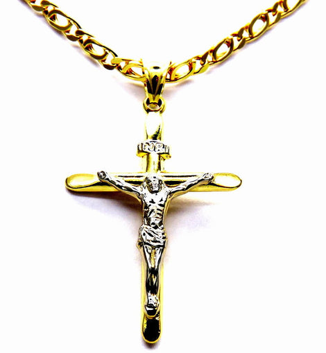 PEGASO GIOIELLI Collana da Uomo in Oro Giallo 18kt (750) Catena Pernice Cm 50 Pendente Religioso Croce Cristo Smussata Bicolore