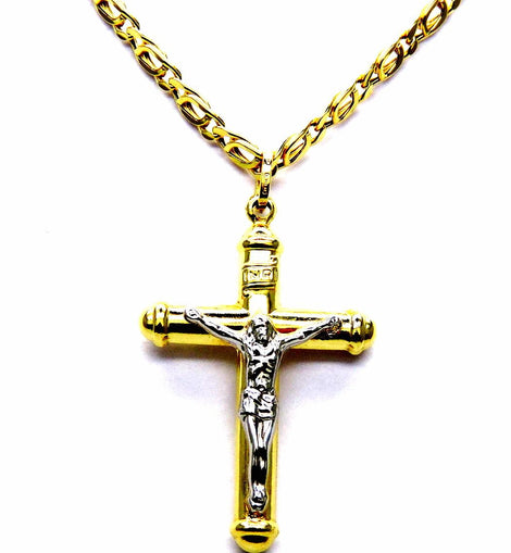 PEGASO GIOIELLI Collana da Uomo in Oro Giallo 18kt (750) Catena Pernice Cm 50 Pendente Religioso Croce Cristo con Cappucci Due Ori