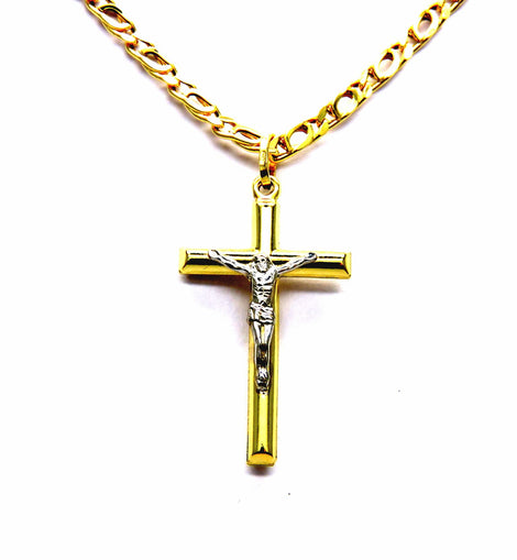 PEGASO GIOIELLI Collana da Uomo in Oro Giallo 18kt (750) Catena Pernice Cm 50 Pendente Religioso Croce Cristo Bicolore