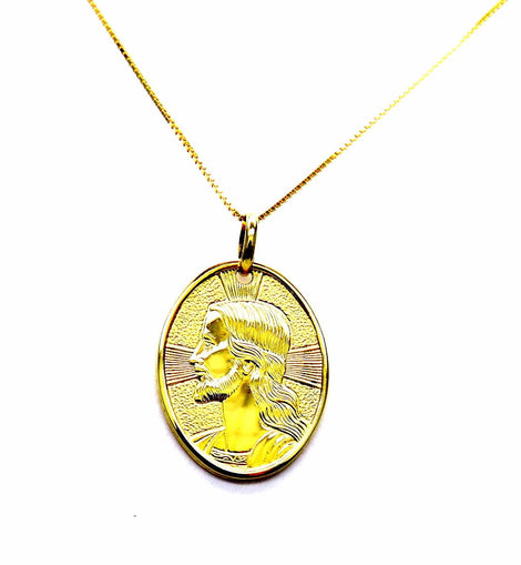 PEGASO GIOIELLI Collana Oro Giallo 18kt (750) Catenina Veneta Pendente Medaglia Religiosa Ovale con Cristo Gesù